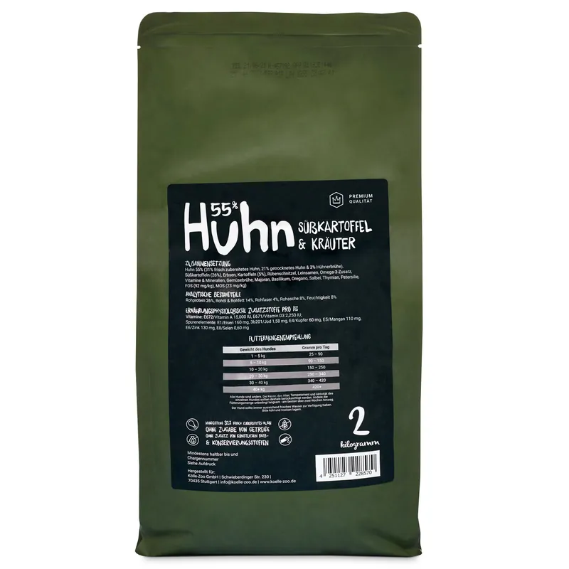 Kracherpreis Sparpaket 2 x 2 kg Lottis Häppchen 55 % Huhn, Süßkartoffel & Kräuter Adult Hunde Trockenfutter
